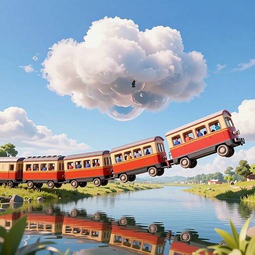 Surreal Floating Train Over River