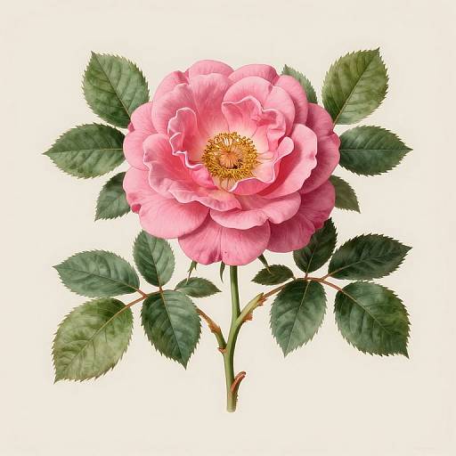 Pink Rosa Indica Vulgaris Botanical Illustration
