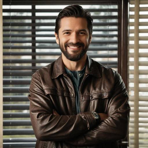 Smiling man in leather jacket indoors