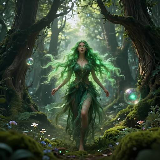 Digital fantasy artwork of a green-haired fairy woman with a leafy dress, dancing in a mystical forest illuminated by glowing bubbles.