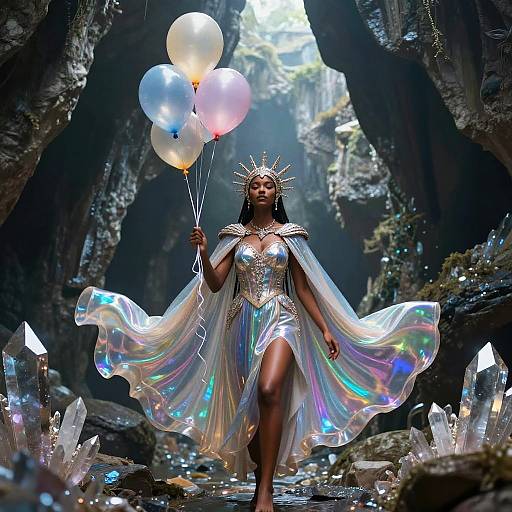 Photograph of a dark cave with glowing crystals. A radiant Black woman in a iridescent, flowing dress and crown holds white and blue balloons,