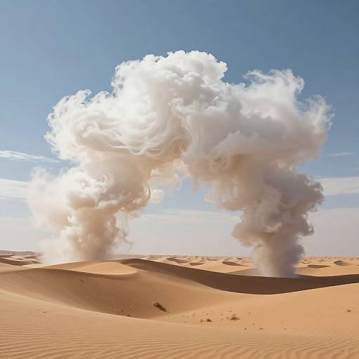 Photograph of a desert with two large, white, billowing clouds of smoke rising from the sand dunes under a clear blue sky.