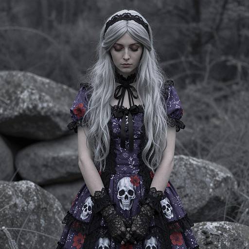 Woman in Gothic Skull Dress with Silver Hair