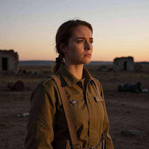 Photograph of a serious, brown-haired woman in a green military uniform with suspenders, standing at sunset in a barren, desert-like landscape with scattered