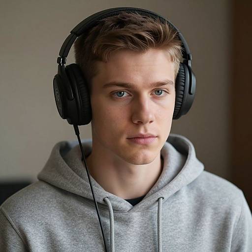 Photograph of a young white man with light brown hair, blue eyes, wearing black headphones and a gray hoodie, looking forward.