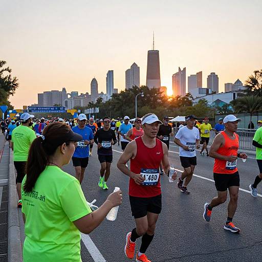 Photograph of a diverse group of runners in colorful athletic wear during a city marathon, with a sunset skyline in the background.