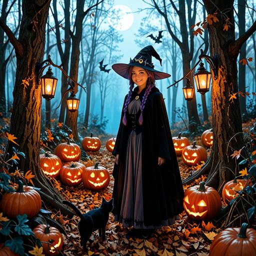 Whimsical Halloween Witch in Moonlit Forest