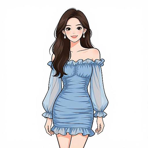 Anime-style digital illustration of a smiling woman with long brown hair, wearing an off-shoulder, light blue, ruched mini dress with sheer