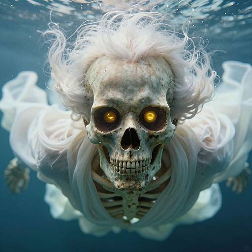 CGI image of a ghostly skeletal figure with glowing yellow eyes, white curly hair, and flowing white robes underwater.