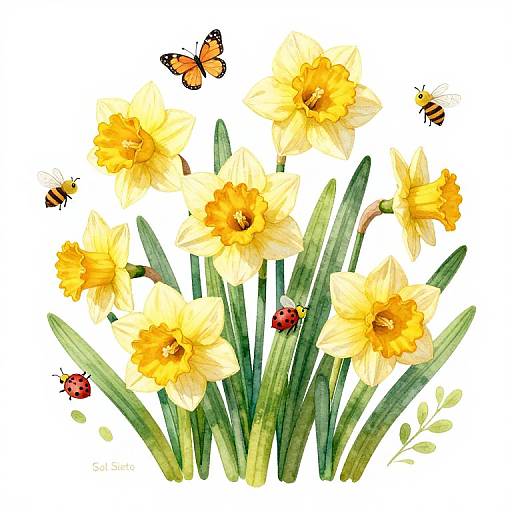 Whimsical Daffodils and Bugs Illustration