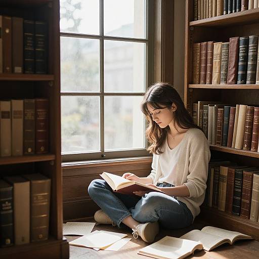 Photograph of a young woman with long brown hair, wearing a white sweater and blue jeans, sitting cross-legged on a library floor, reading a book
