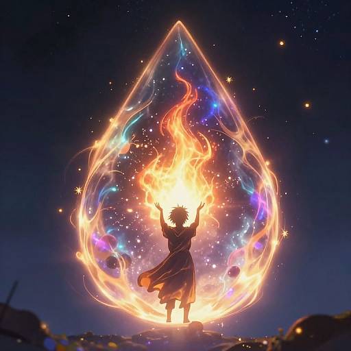 Digital anime artwork of a silhouetted figure with arms raised, standing in a glowing, fiery, teardrop-shaped energy against a starry