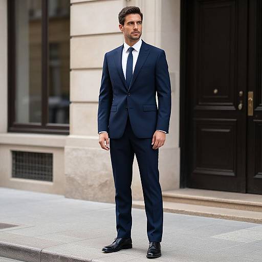 Photograph of a handsome, dark-haired man in a navy suit, white shirt, and black tie, standing confidently on a city sidewalk in front of