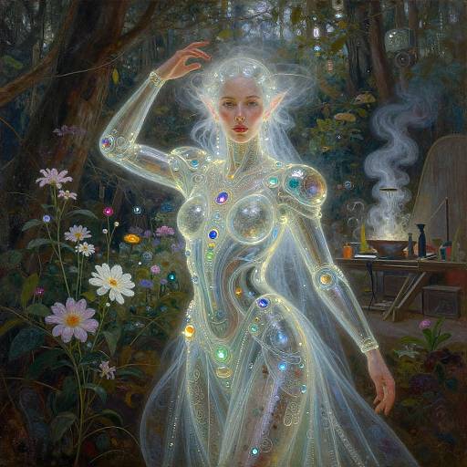 Digital fantasy art: Elven woman with glowing, bioluminescent body and pointed ears, surrounded by flowers, in a dark forest. She wears