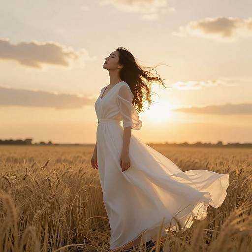 Photograph of a woman with long brown hair in a flowing white dress, standing in a golden wheat field at sunset.