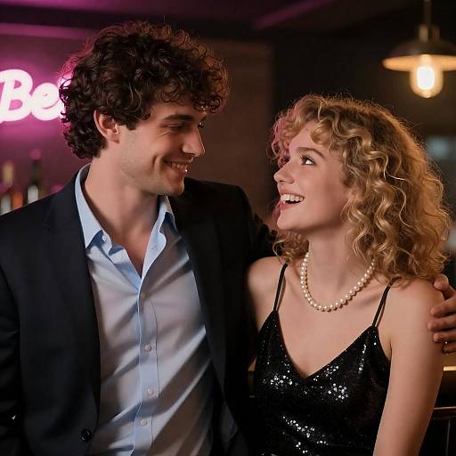 Couple Smiling in Dimly Lit Bar