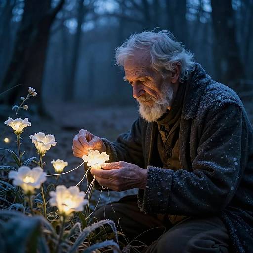 Elder Tending Bioluminescent Blooms