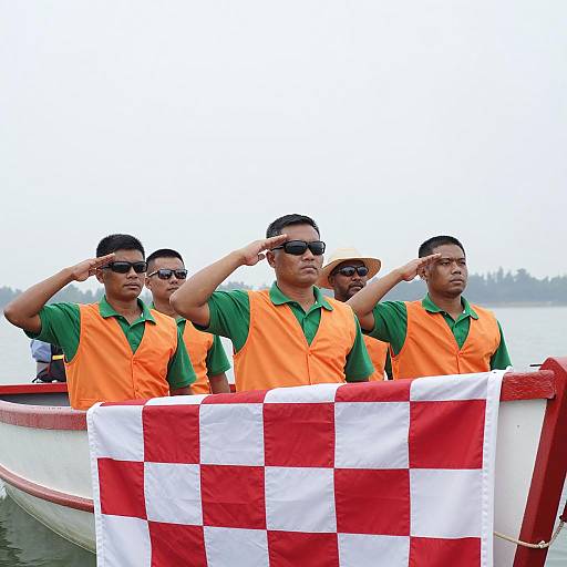 Men on Boat Saluting Flag Under Overcast Sky