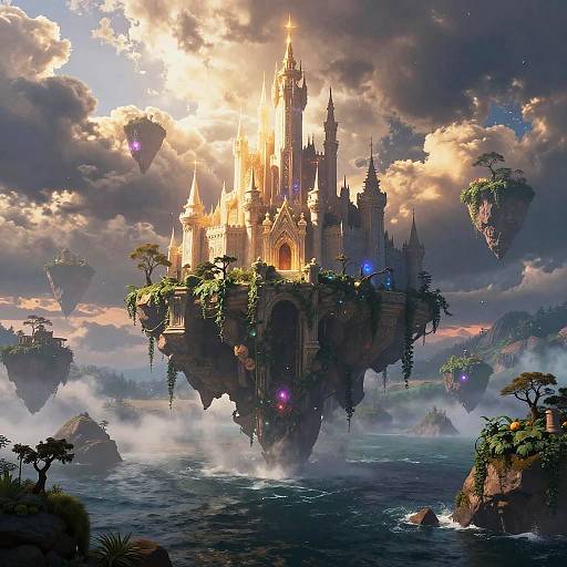 Digital fantasy artwork: Glowing, grand floating castle with spires, surrounded by misty water, floating islands, and vibrant, cloud-dappled