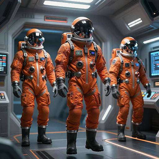 Orange Space Suits in Futuristic Spaceship