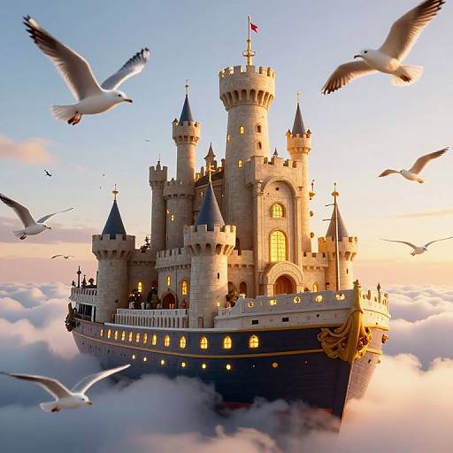 Fantastical castle with tall towers and blue hull, surrounded by flying seagulls, floating on clouds at sunset. Digital art.