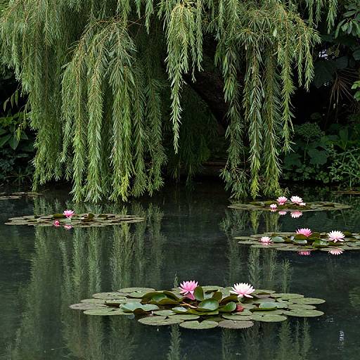 Photograph of serene pond with cascading willow branches, pink water lilies, and green lily pads reflecting on still water.