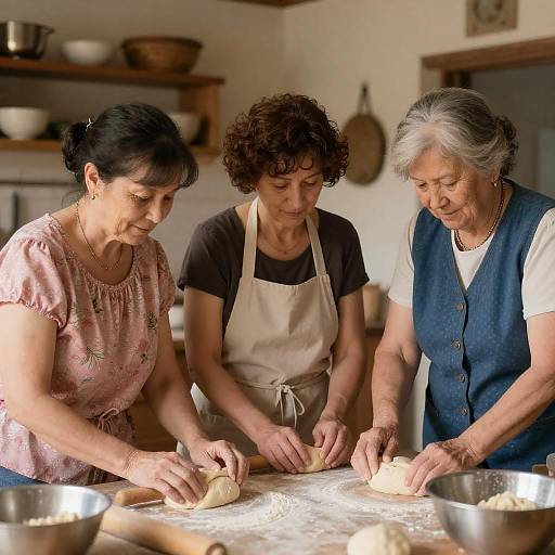 Three Women Baking in a Rustic Kitchen