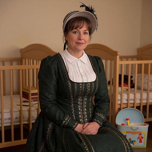 Photograph of a smiling middle-aged woman in a Victorian-style black dress and white bonnet, seated in a nursery with wooden cribs and a colorful