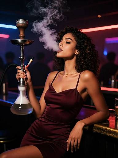 Glamorous Woman Smoking Shisha in Nightclub