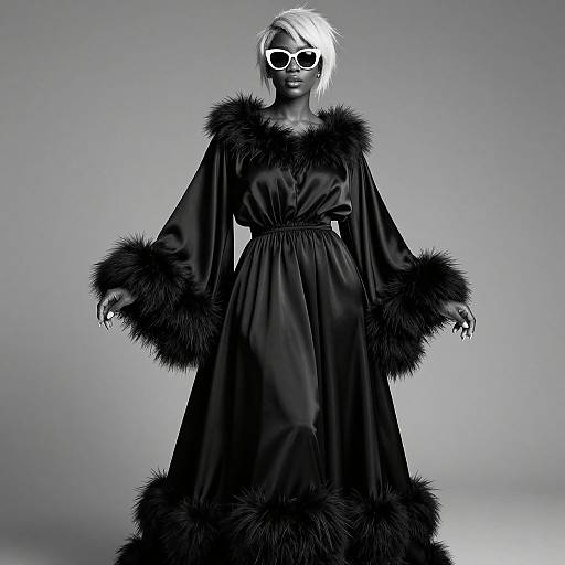 Monochromatic photograph of a white-haired, dark-skinned model in a black satin dress with fur trim, wearing white circular sunglasses, standing against a