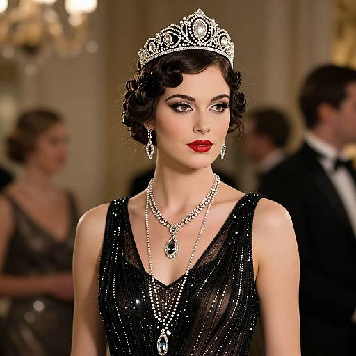 Photograph of a fair-skinned woman with dark, wavy hair, wearing a sparkling silver tiara, red lipstick, black sequin dress,