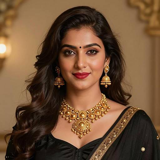 Indian woman wearing intricate gold jewelry