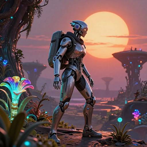 CGI image of a futuristic, metallic humanoid robot with a backpack, standing in a vibrant, alien landscape at sunset. Glowing flora and floating structures
