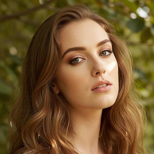 Close-up photograph of a young woman with long, wavy brown hair, green eyes, and light makeup, gazing slightly upward, against a blurred