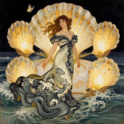 Art Nouveau-style painting of a wavy-haired woman in an ornate black and white dress, surrounded by glowing seashell-like orbs in turbulent