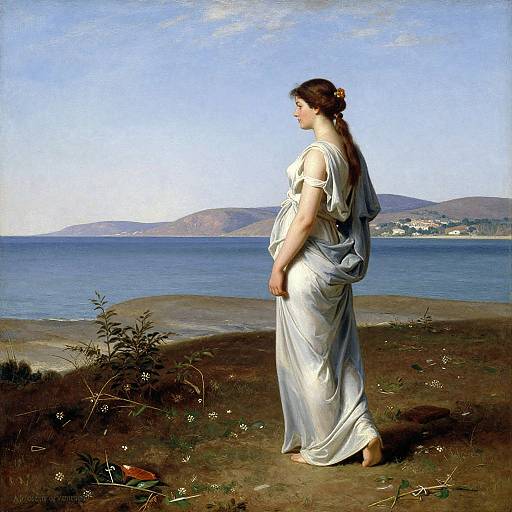Photograph-style painting of a fair-skinned woman with brown hair in a white, flowing ancient Greek-style dress, standing on a grassy shore,