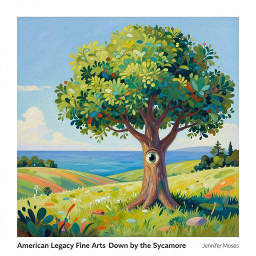 Vibrant digital painting of a tree with a single eye, set against a colorful, sunlit meadow and ocean backdrop. Art by Jerri