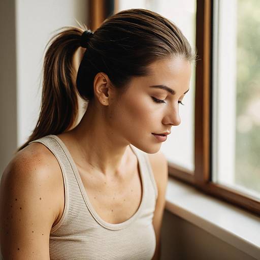 Photograph of a young woman with light brown hair in a ponytail, wearing a white tank top, sitting by a sunlit window, gazing