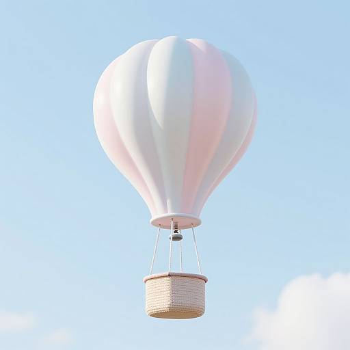 Photograph of a white hot air balloon with pinkish ribbons, suspended by a wicker basket, against a clear blue sky.