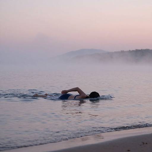 Photograph of a person swimming in calm, misty water at dawn, with pastel pink and purple sky, and distant foggy shoreline.