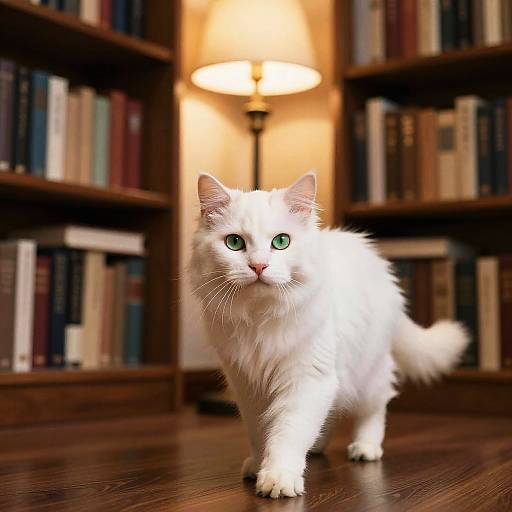 Confident White Cat in Cozy Library