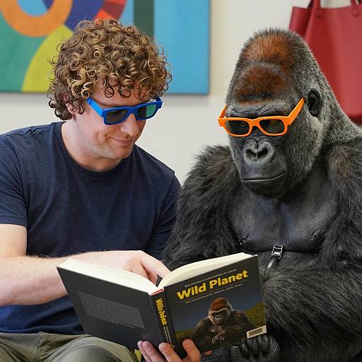 Unique Bond: Man and Gorilla Reading Together