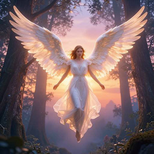 Digital artwork of an angelic woman with glowing white wings, wearing a flowing white dress, floating in a misty forest at sunset.