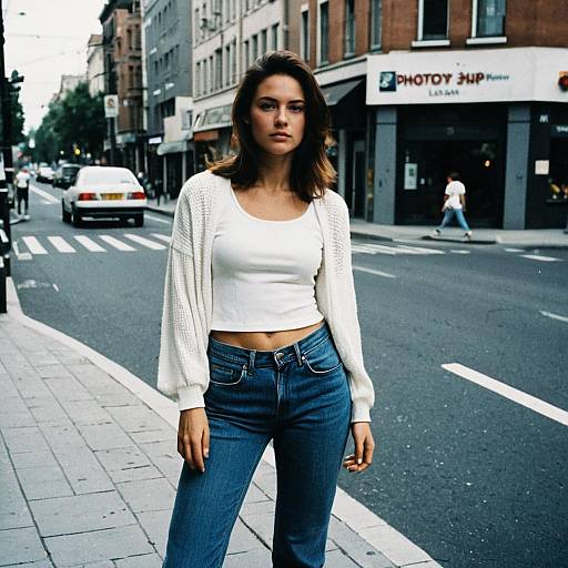 Woman in Jeans on Street Corner