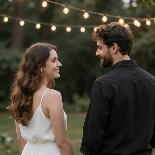 Photograph of a smiling couple standing outdoors; woman in white dress, man in black shirt, both looking at each other, string lights in blurred green