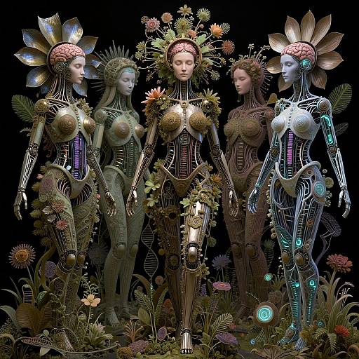 Digital artwork of four robotic, flower-adorned women with glowing heads and intricate mechanical bodies, standing amidst vibrant flowers against a black background.