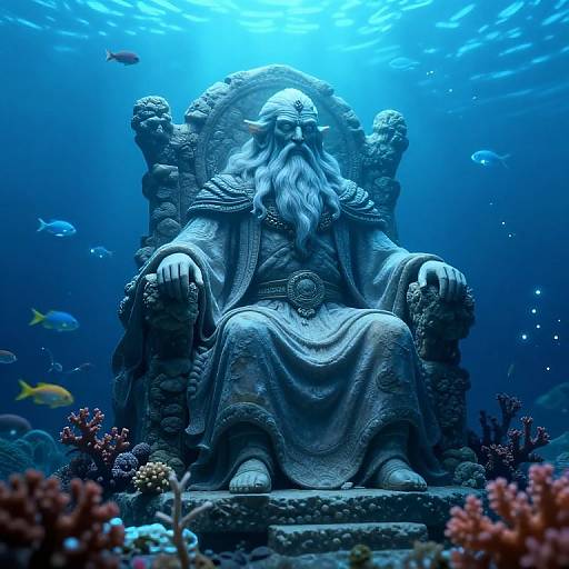 Photorealistic digital art of an underwater throne with a bearded, stone statue of an ancient, regal figure surrounded by coral and fish.