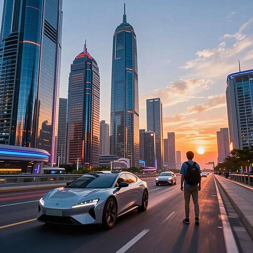 Photograph of a modern cityscape at sunset, with a white sports car driving on a highway, a man walking, and towering skyscrapers reflecting
