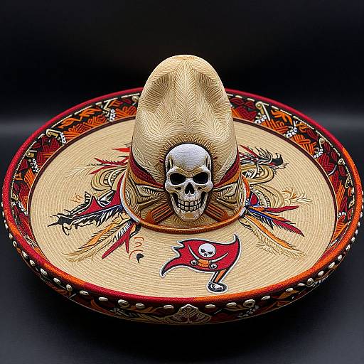 Photograph of a detailed, colorful sombrero featuring a central skull, red flags, and black tribal designs on a woven, cream-colored surface.