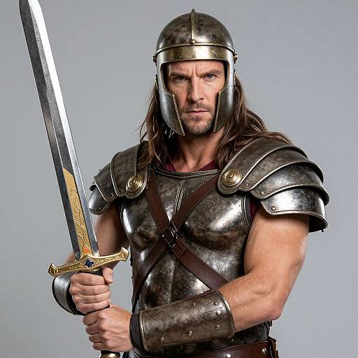 Photograph of a muscular, long-haired man in medieval armor, holding a gleaming sword, with a serious expression, against a plain gray background.